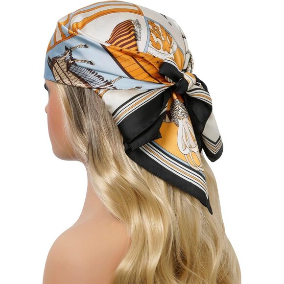 Women Orange Horse Headscarf Satin Bandana Pattern Polyester Breathable Scarves - Picture 3 of 7